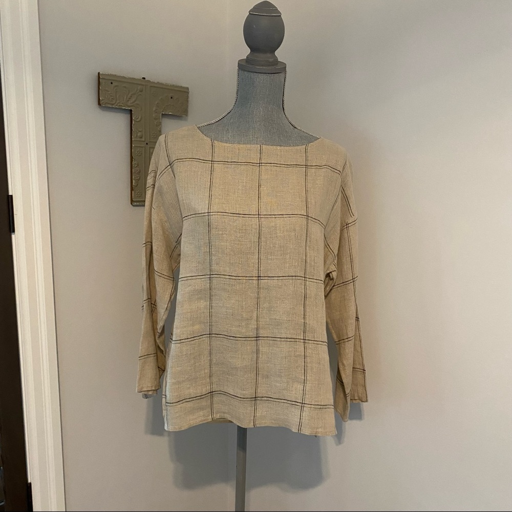 Eileen Fisher windowpane plaid organic linen popover